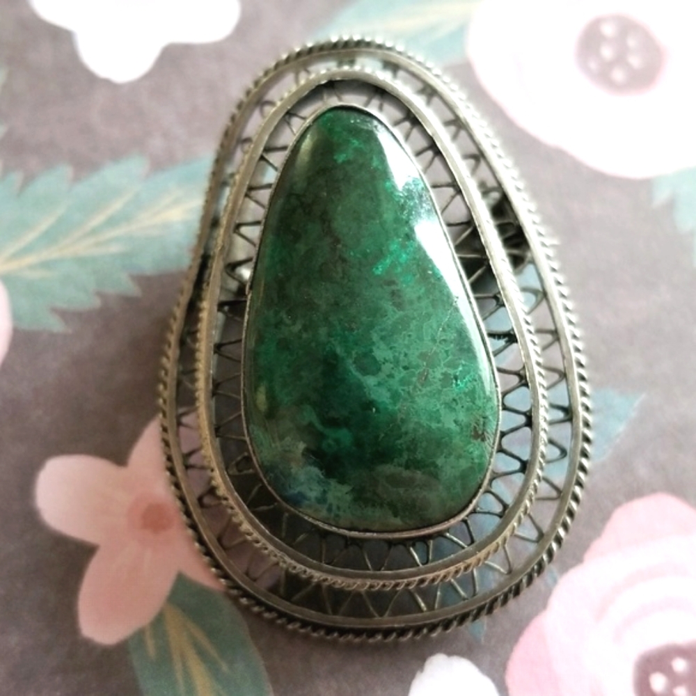 Vintage Eilat stone brooch pin silver filigree Israel green